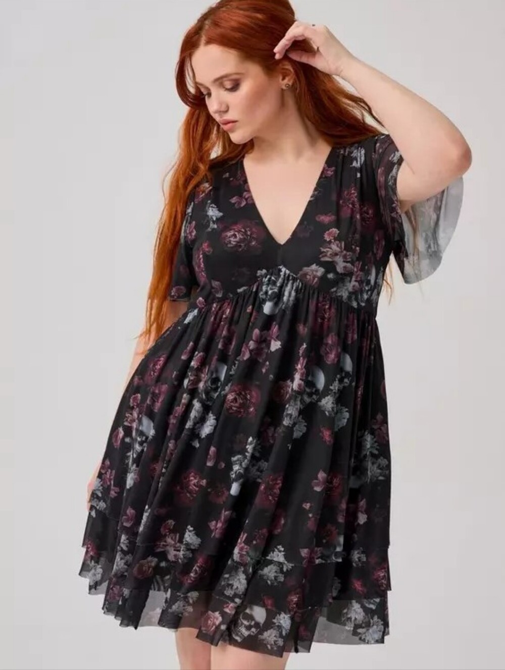 Torrid Nightfall Tiered Mesh Ryley Skull Floral Black V-Neck Mini Dress Plus 2X - Picture 2 of 6